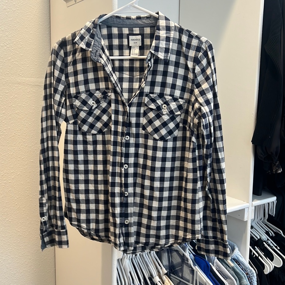 Checkered blue button down top